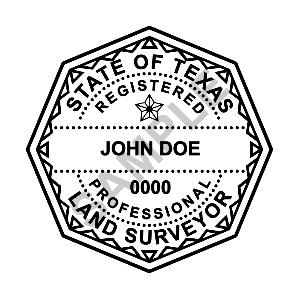 An approved Texas Land Surveyor seal design, shown as a watermarked example