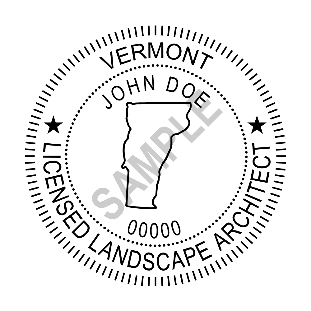 An approved Vermont Landscape Architect seal design, shown as a watermarked example