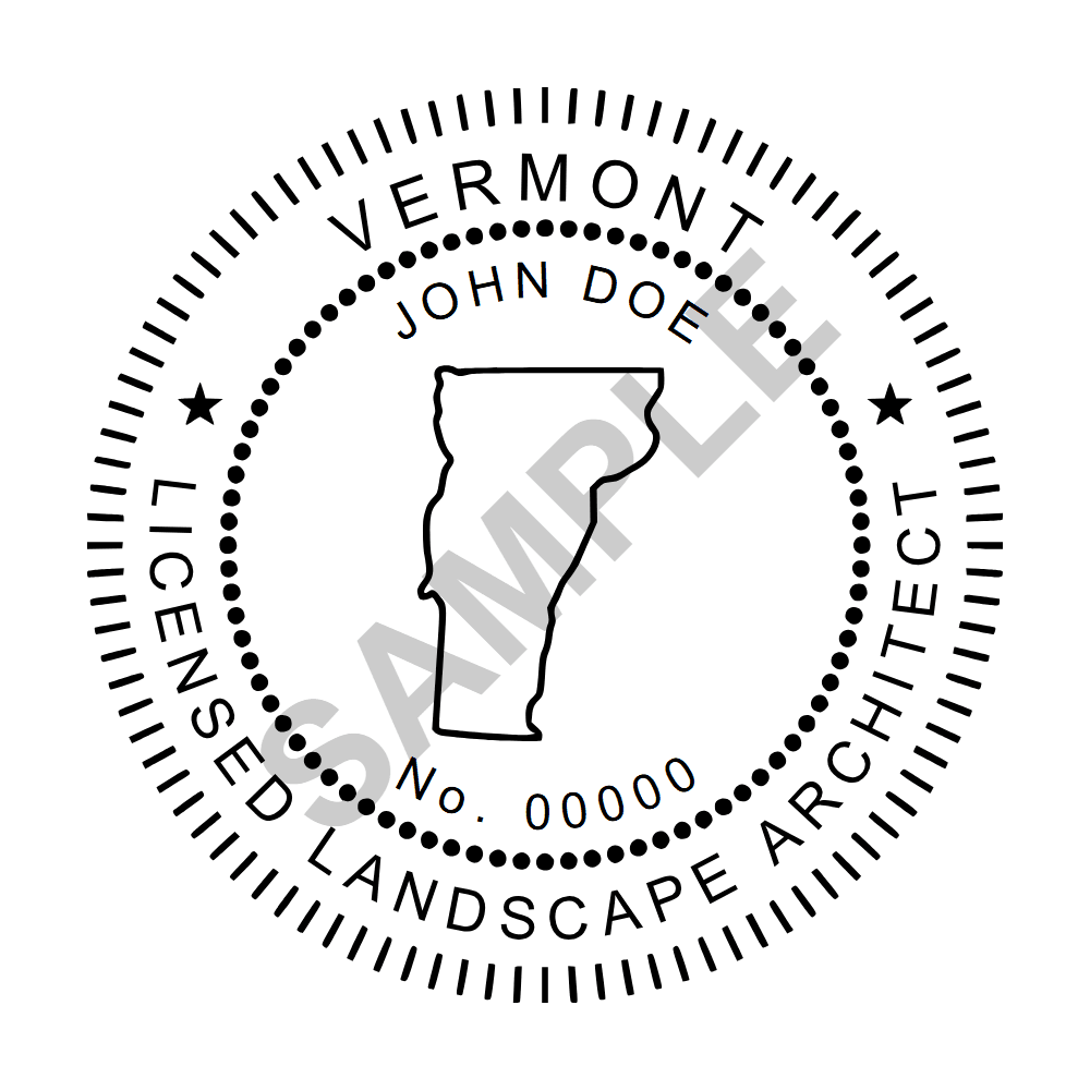 An approved Vermont Landscape Architect seal design, shown as a watermarked example