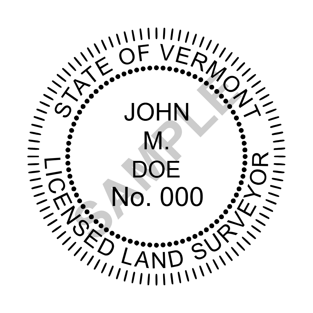 An approved Vermont Land Surveyor seal design, shown as a watermarked example