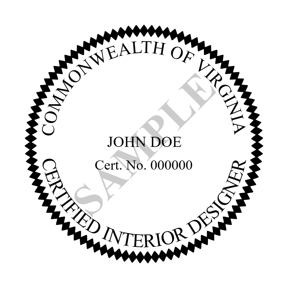 An approved Virginia Interior Designer seal design, shown as a watermarked example