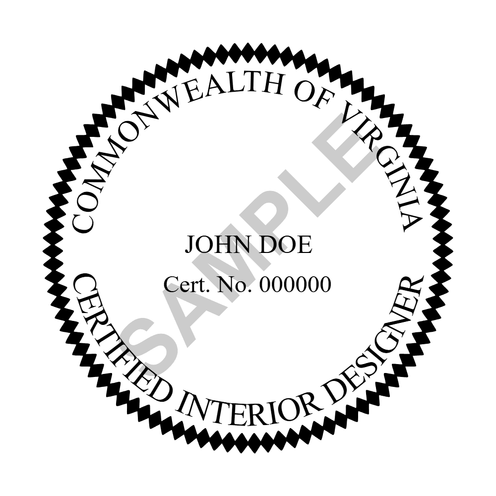 An approved Virginia Interior Designer seal design, shown as a watermarked example