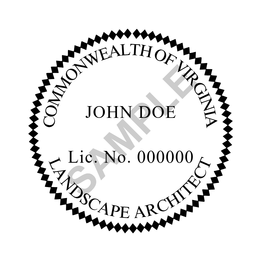 An approved Virginia Landscape Architect seal design, shown as a watermarked example