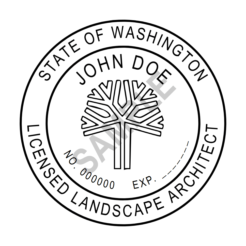 An approved Washington Landscape Architect seal design, shown as a watermarked example