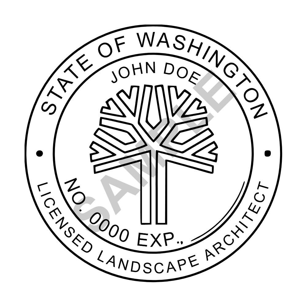 An approved Washington Landscape Architect seal design, shown as a watermarked example
