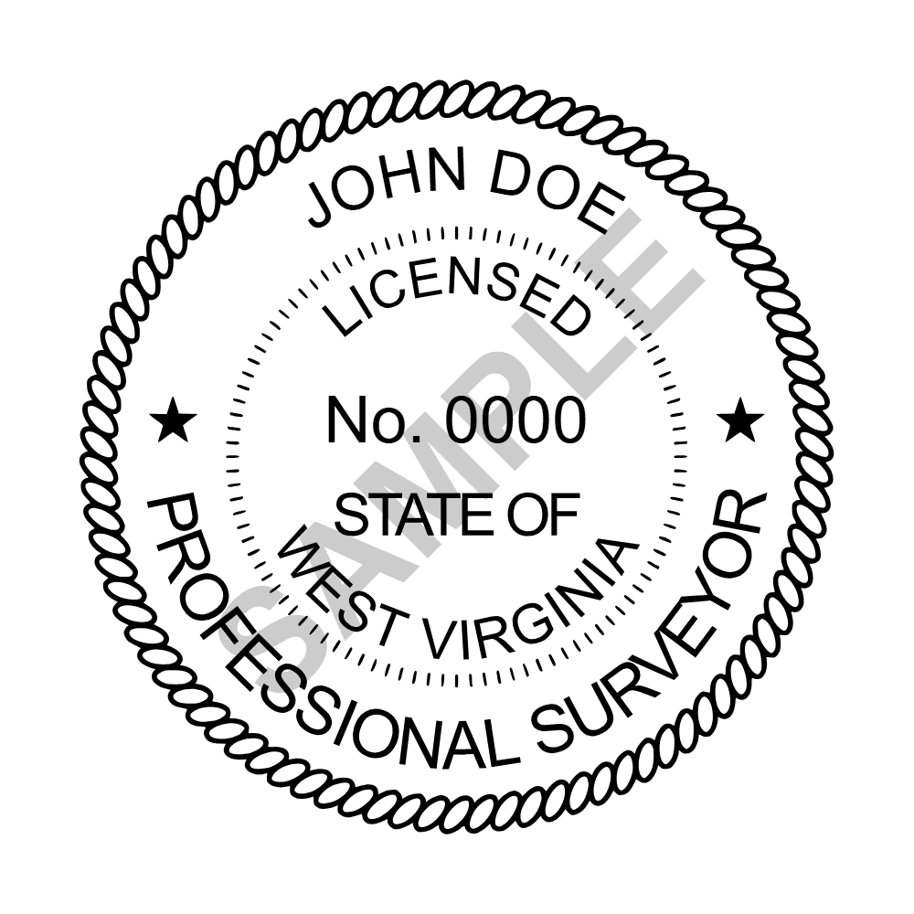 An approved West Virginia Land Surveyor seal design, shown as a watermarked example
