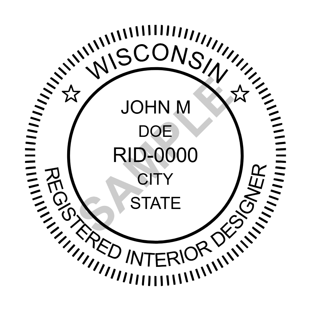 An approved Wisconsin Interior Designer seal design, shown as a watermarked example