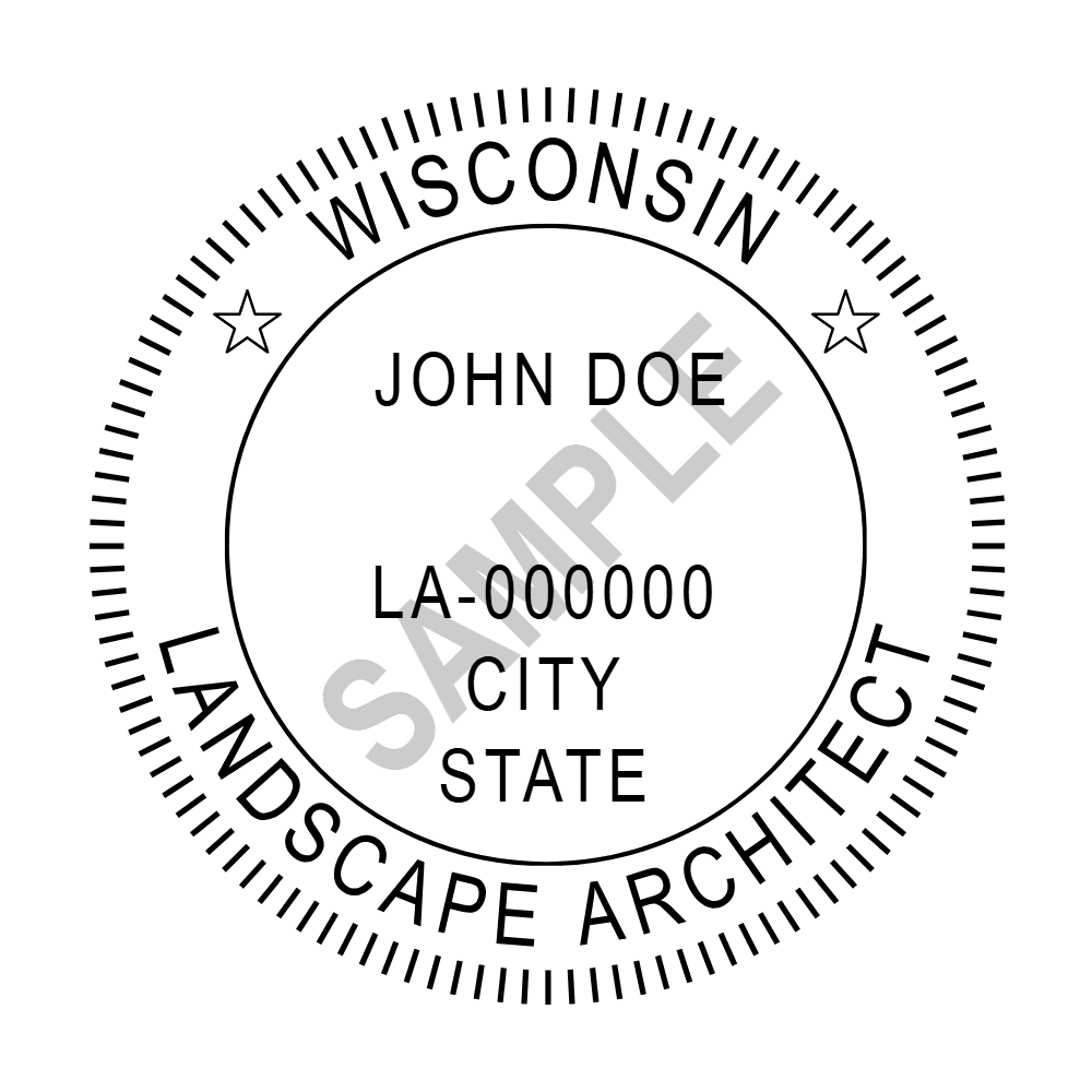An approved Wisconsin Landscape Architect seal design, shown as a watermarked example