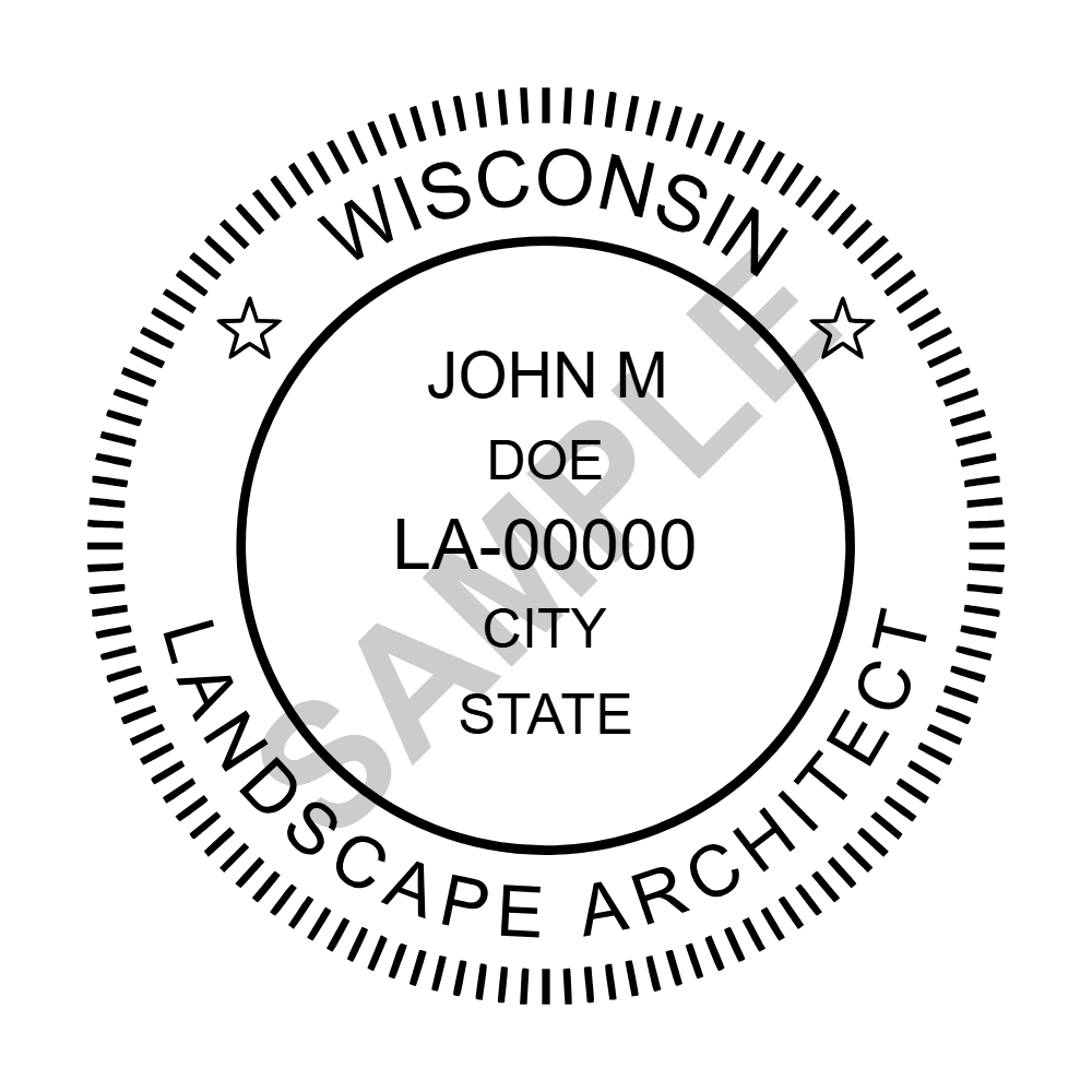 An approved Wisconsin Landscape Architect seal design, shown as a watermarked example