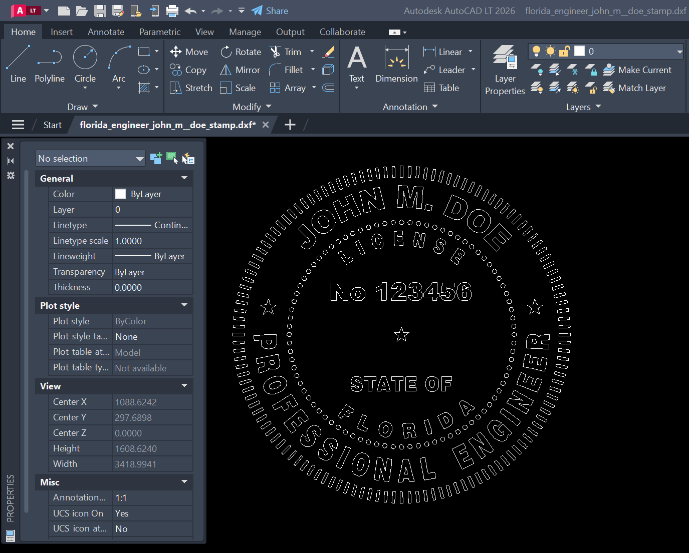 Florida PE stamp DXF opened in AutoCAD