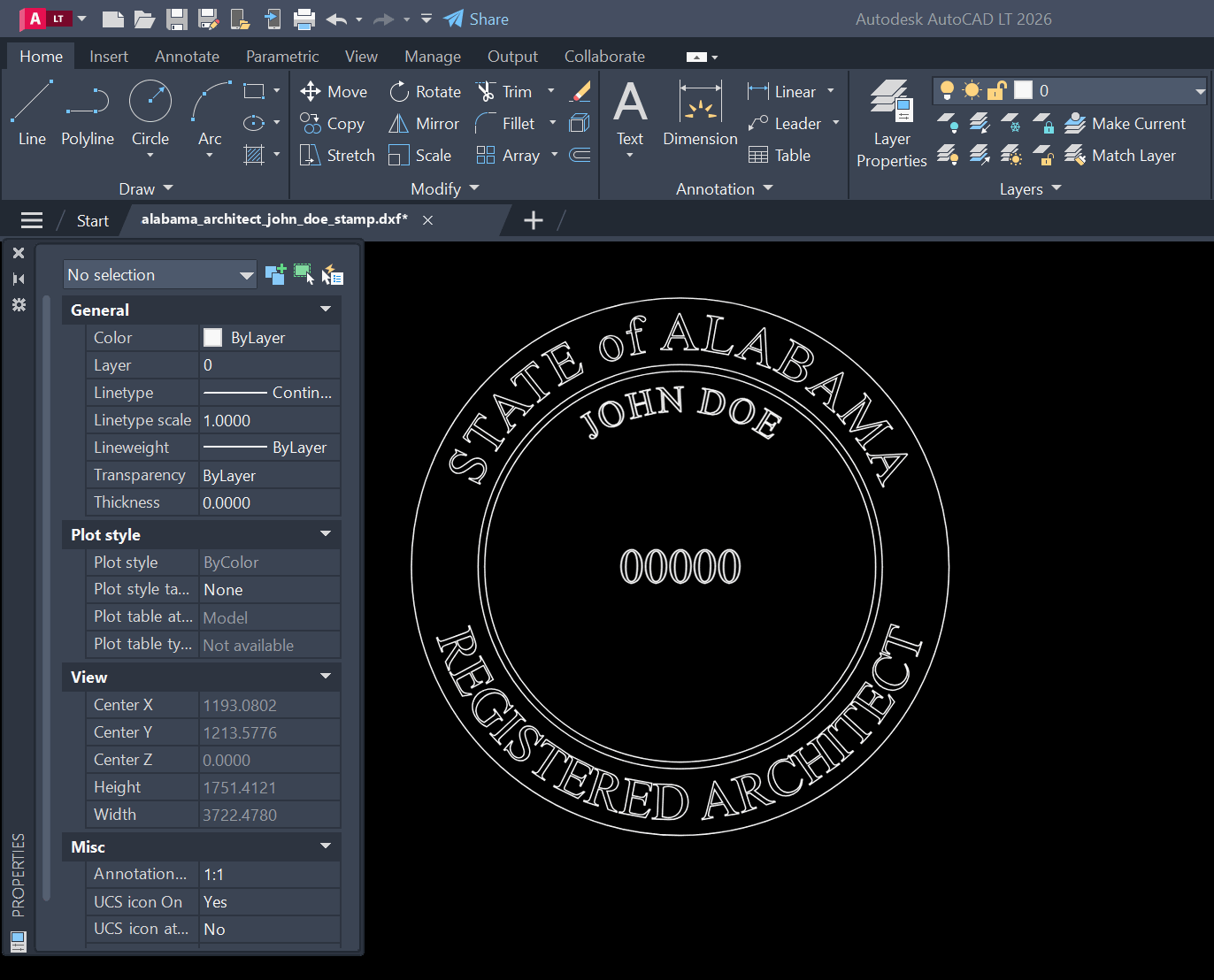 Alabama Architect stamp DXF opened in AutoCAD
