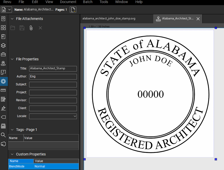 Alabama Architect stamp applied to a PDF drawing in Bluebeam Revu