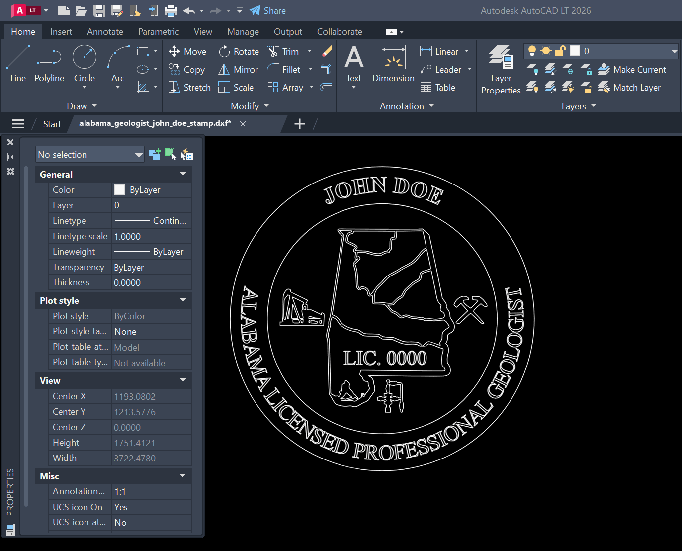 Alabama Geologist stamp DXF opened in AutoCAD