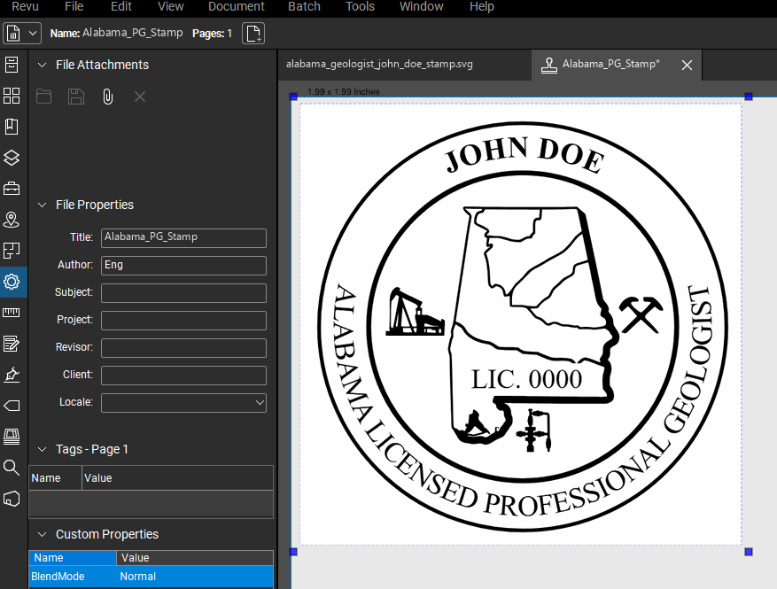 Alabama Geologist stamp applied to a PDF drawing in Bluebeam Revu