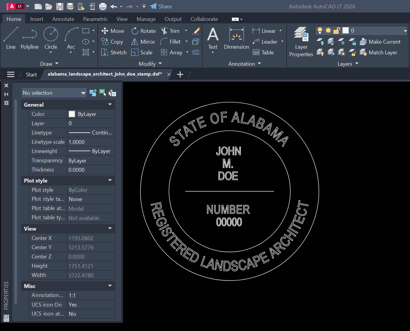 Alabama Landscape Architect stamp DXF opened in AutoCAD