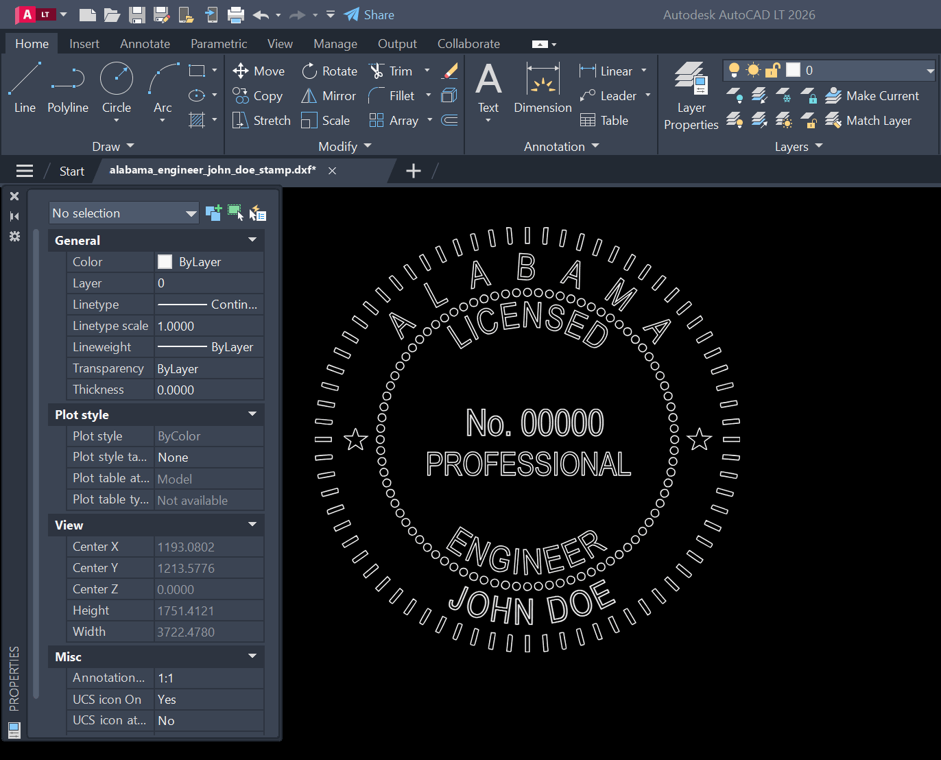 Alabama PE stamp DXF opened in AutoCAD