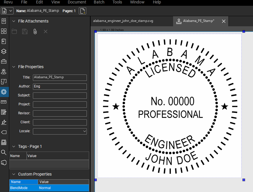 Alabama PE stamp applied to a PDF drawing in Bluebeam Revu