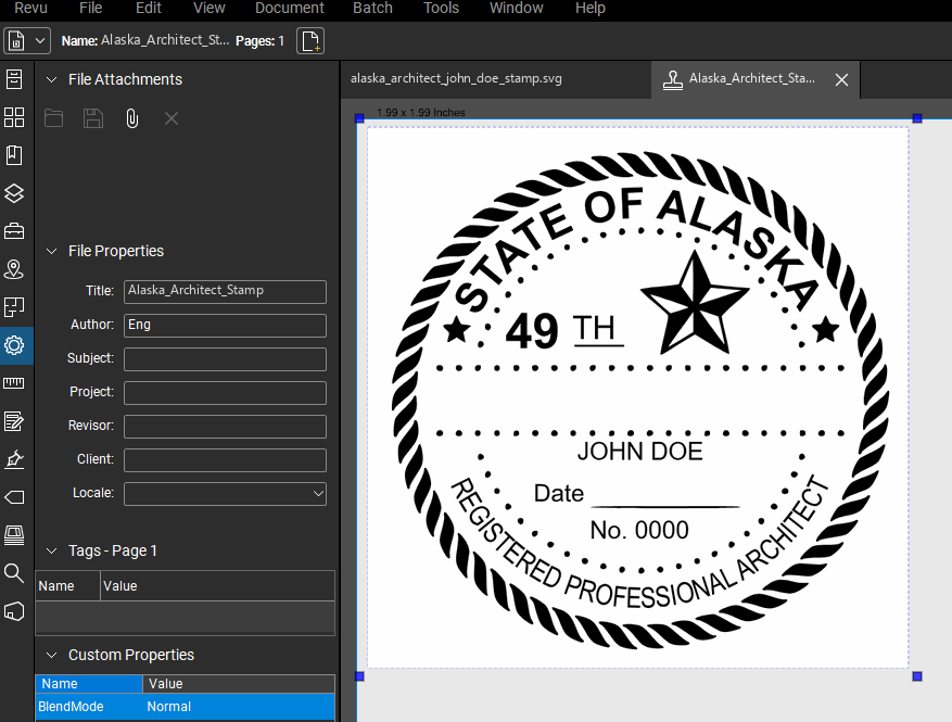 Alaska Architect stamp applied to a PDF drawing in Bluebeam Revu