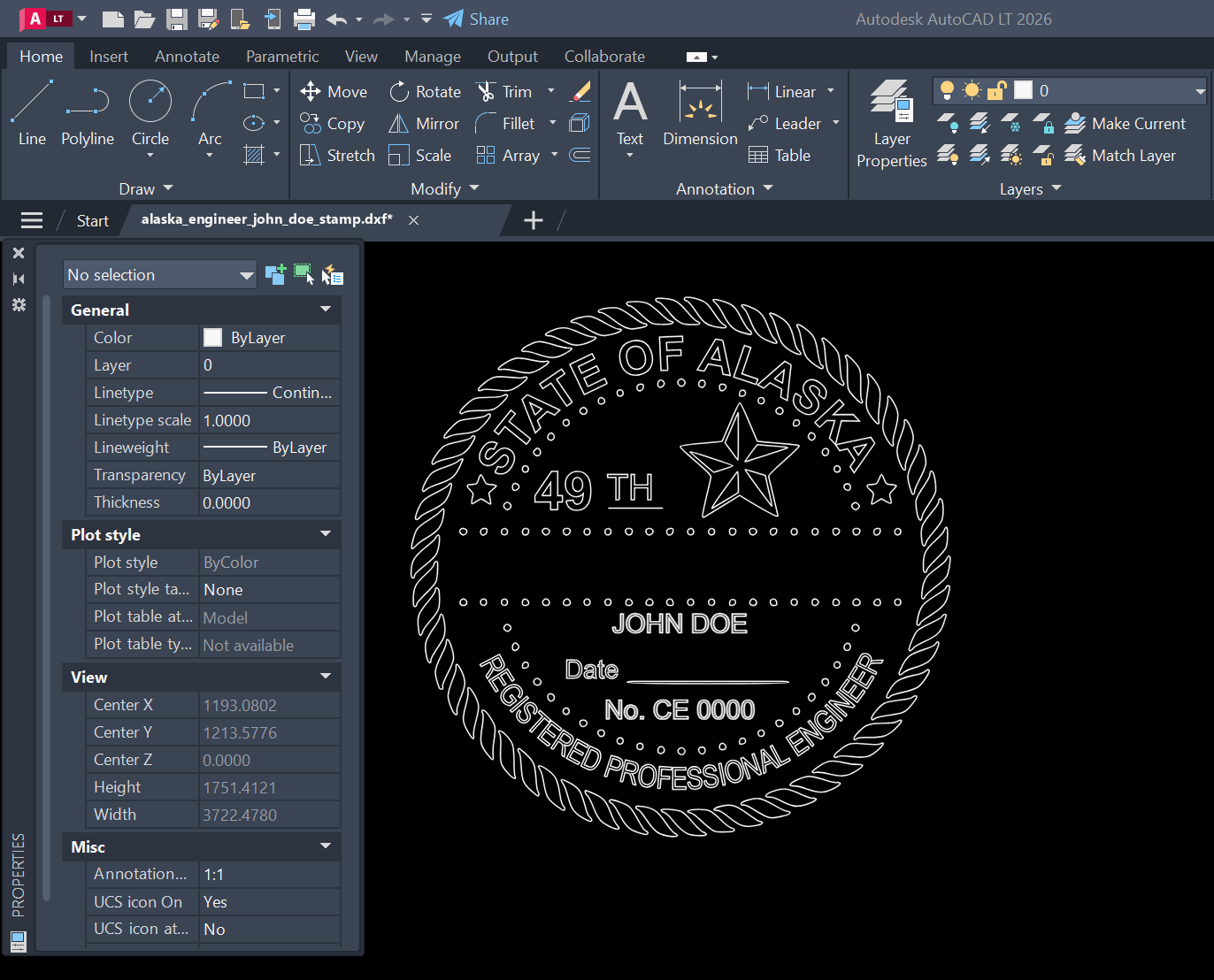 Alaska PE stamp DXF opened in AutoCAD