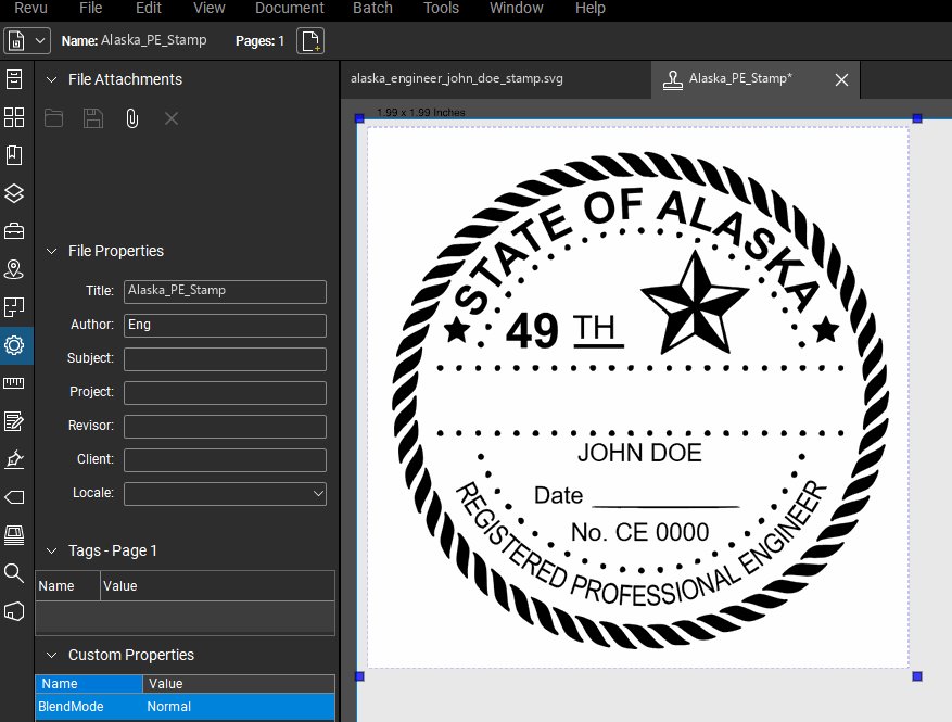 Alaska PE stamp applied to a PDF drawing in Bluebeam Revu