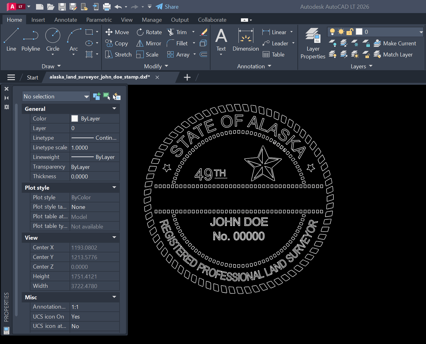 Alaska Land Surveyor stamp DXF opened in AutoCAD