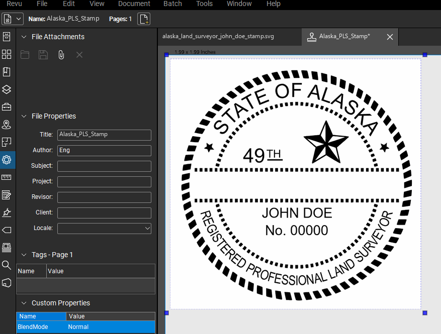 Alaska Land Surveyor stamp applied to a PDF drawing in Bluebeam Revu