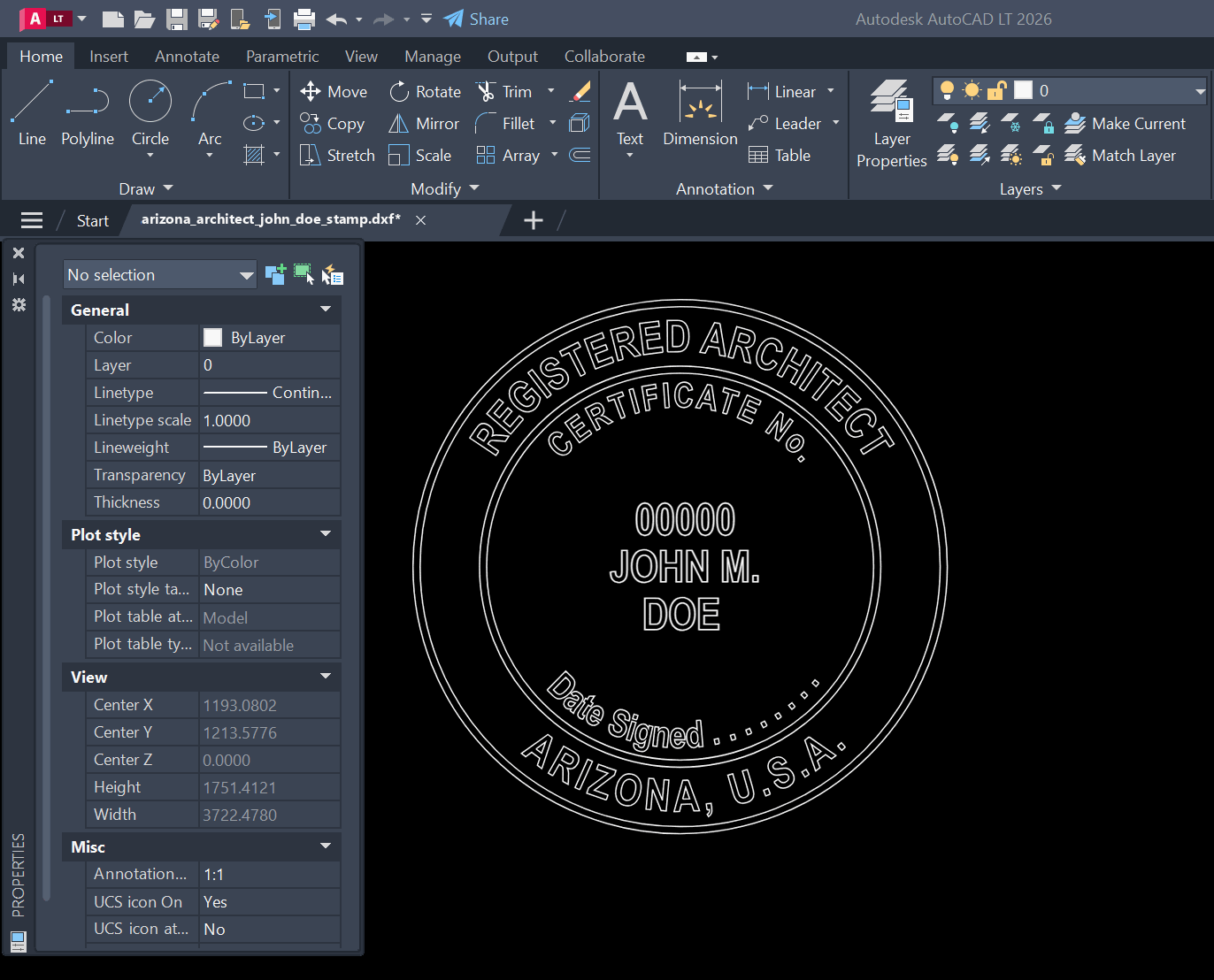 Arizona Architect stamp DXF opened in AutoCAD