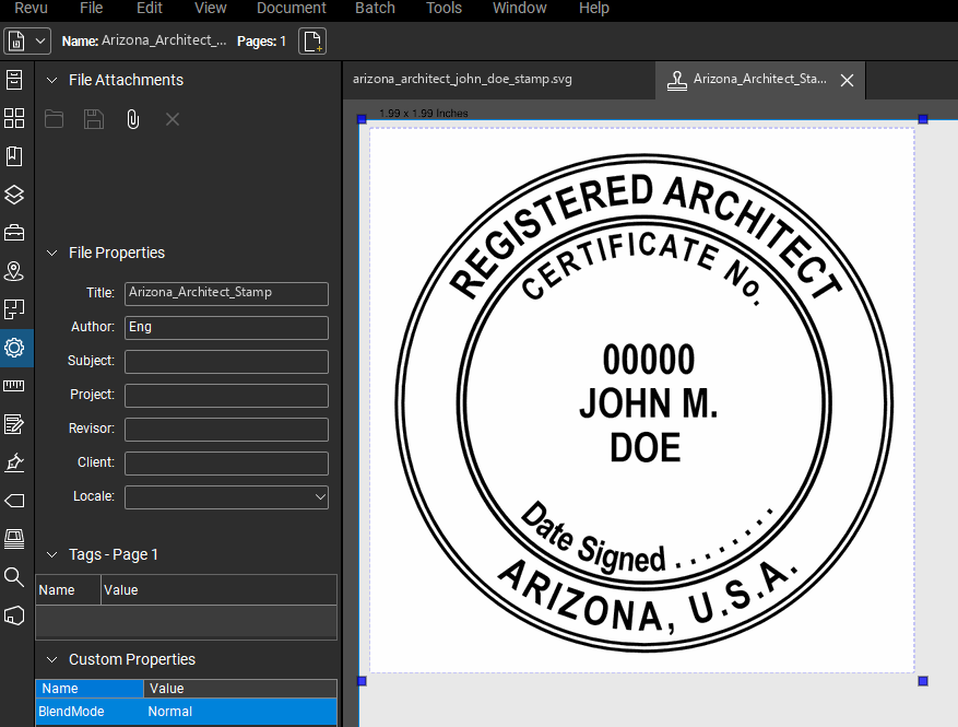 Arizona Architect stamp applied to a PDF drawing in Bluebeam Revu