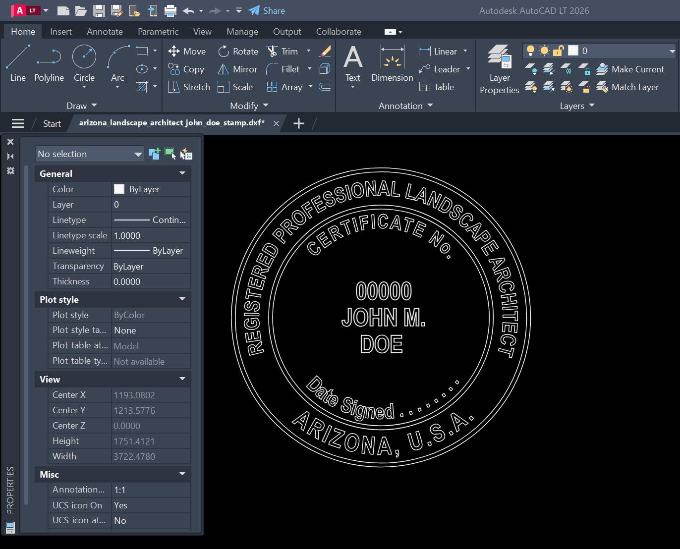 Arizona Landscape Architect stamp DXF opened in AutoCAD