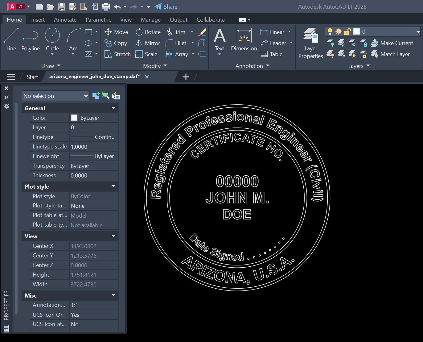 Arizona PE stamp DXF opened in AutoCAD