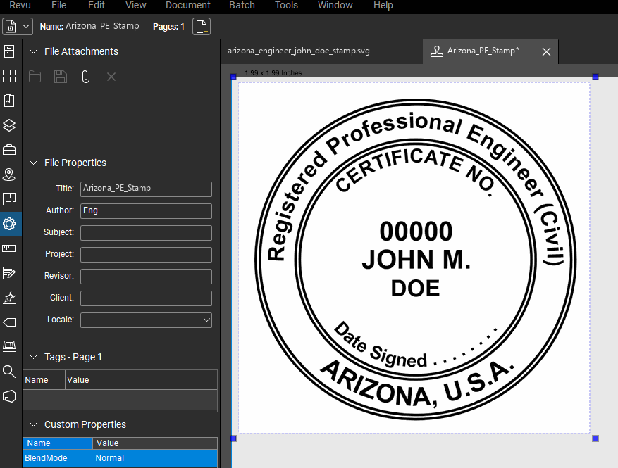 Arizona PE stamp applied to a PDF drawing in Bluebeam Revu