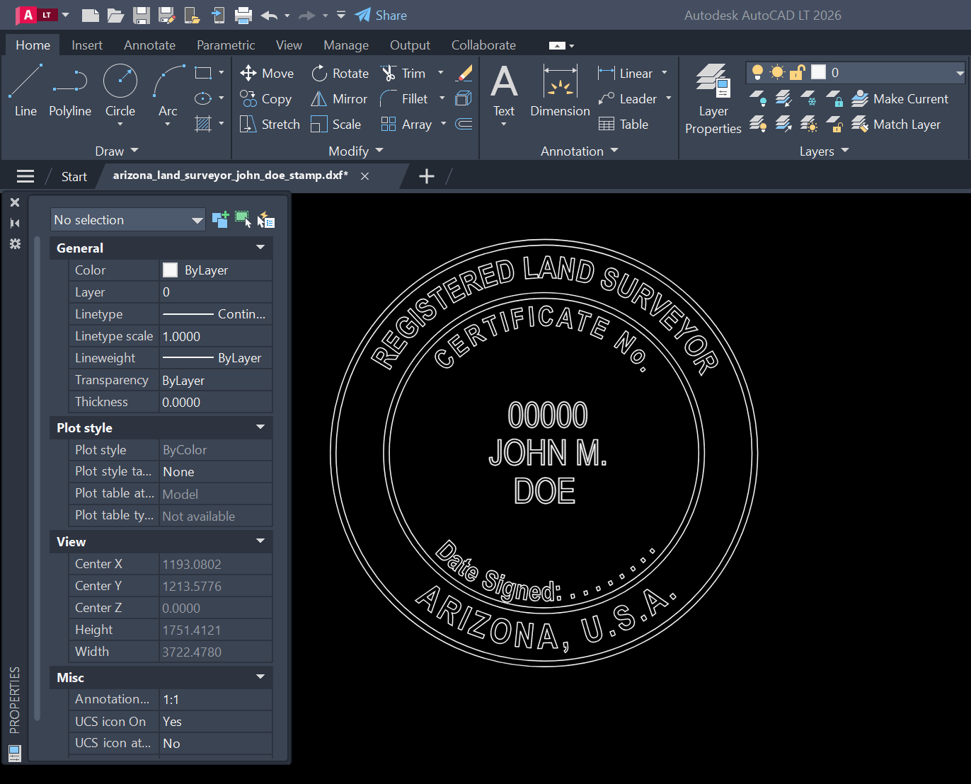 Arizona Land Surveyor stamp DXF opened in AutoCAD