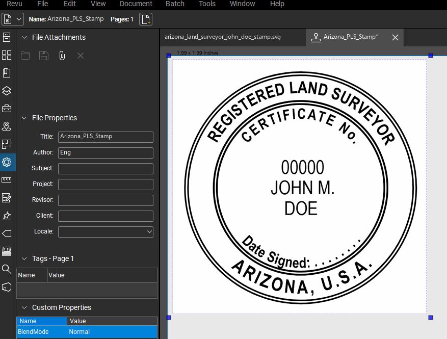 Arizona Land Surveyor stamp applied to a PDF drawing in Bluebeam Revu