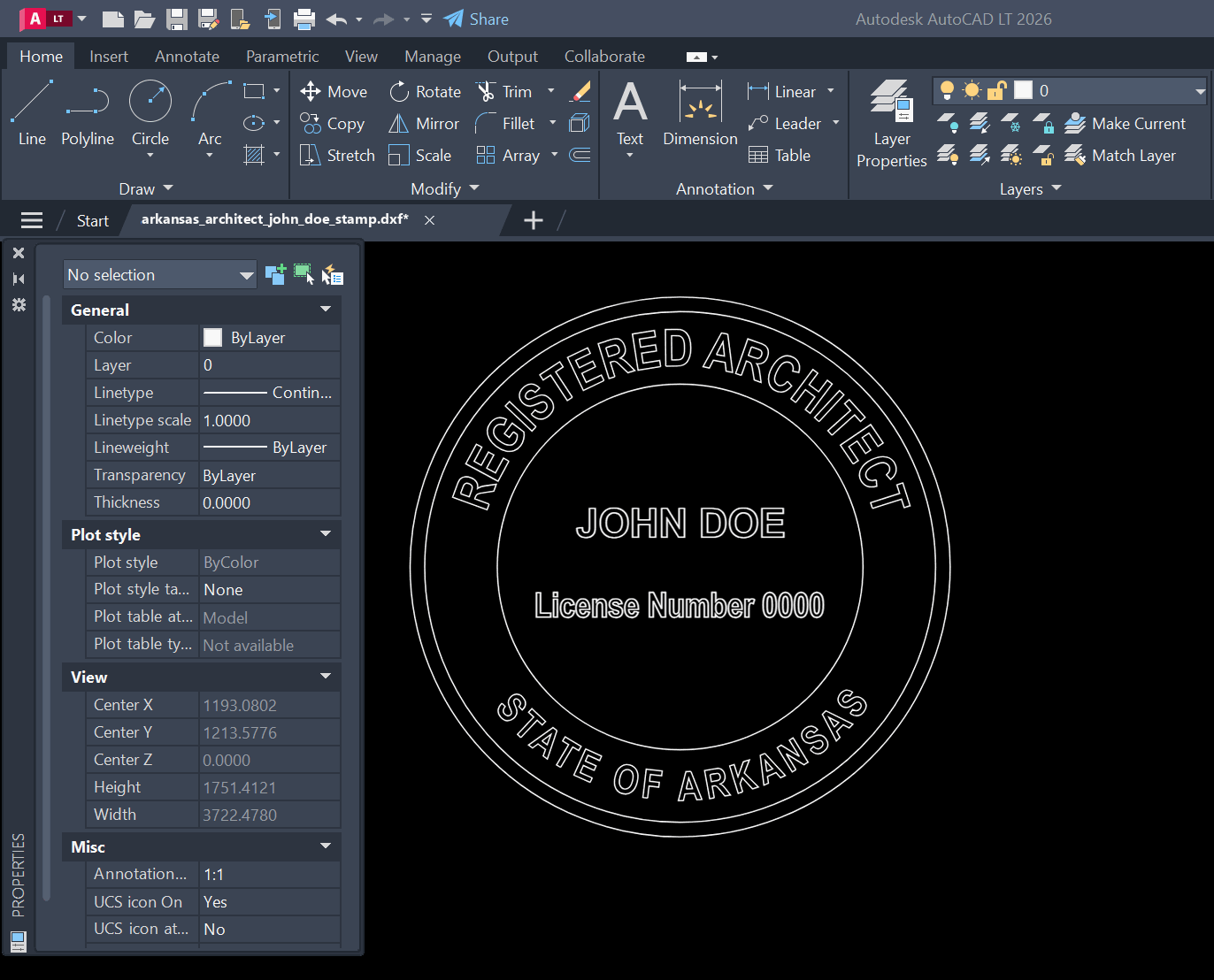 Arkansas Architect stamp DXF opened in AutoCAD