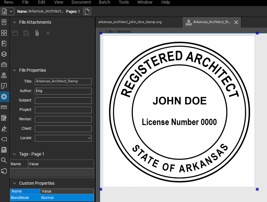 Arkansas Architect stamp applied to a PDF drawing in Bluebeam Revu