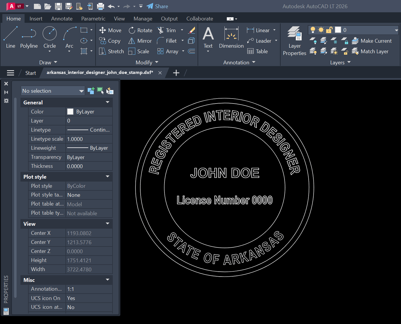 Arkansas Interior Designer stamp DXF opened in AutoCAD