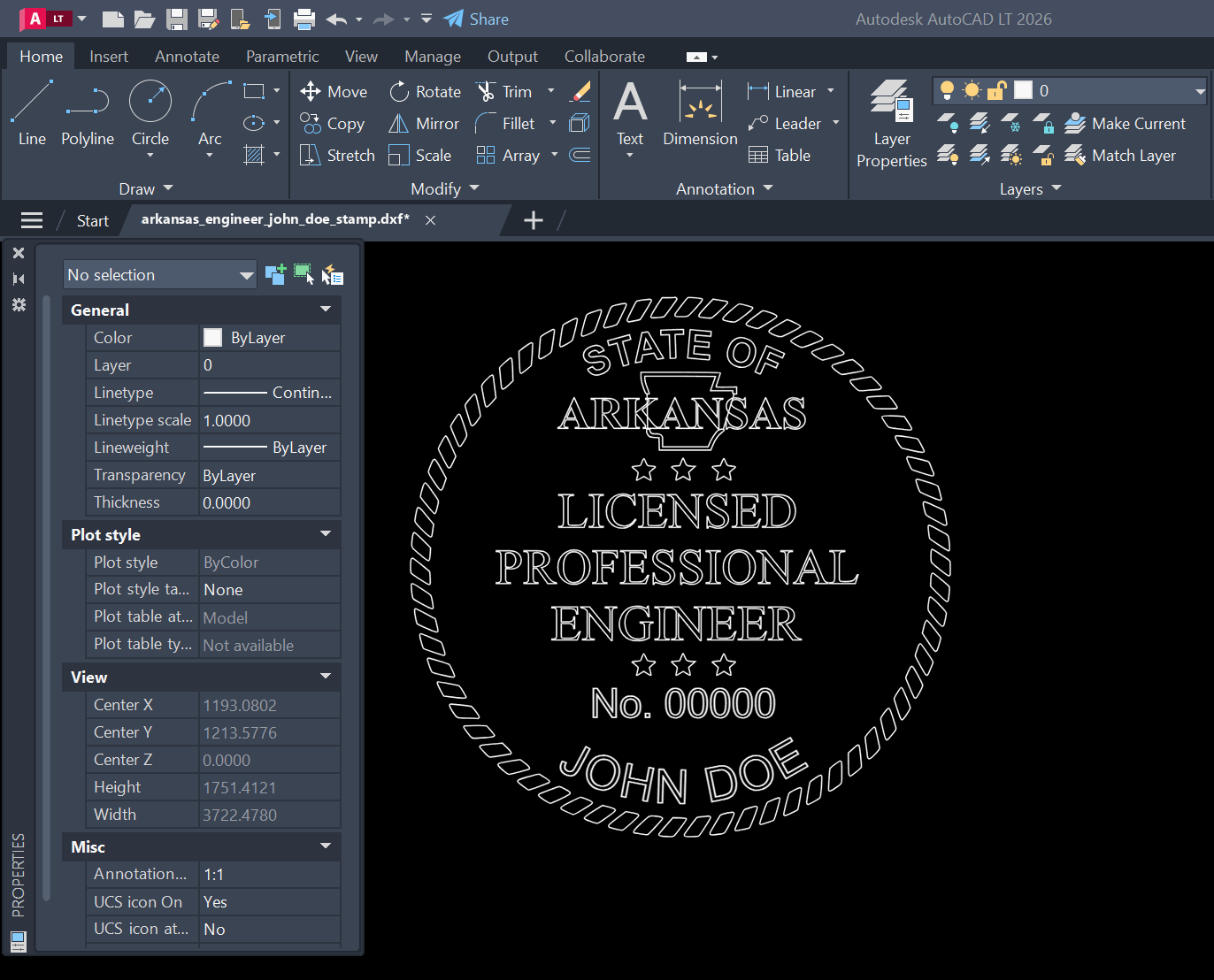 Arkansas PE stamp DXF opened in AutoCAD