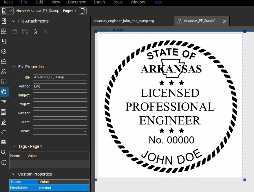 Arkansas PE stamp applied to a PDF drawing in Bluebeam Revu