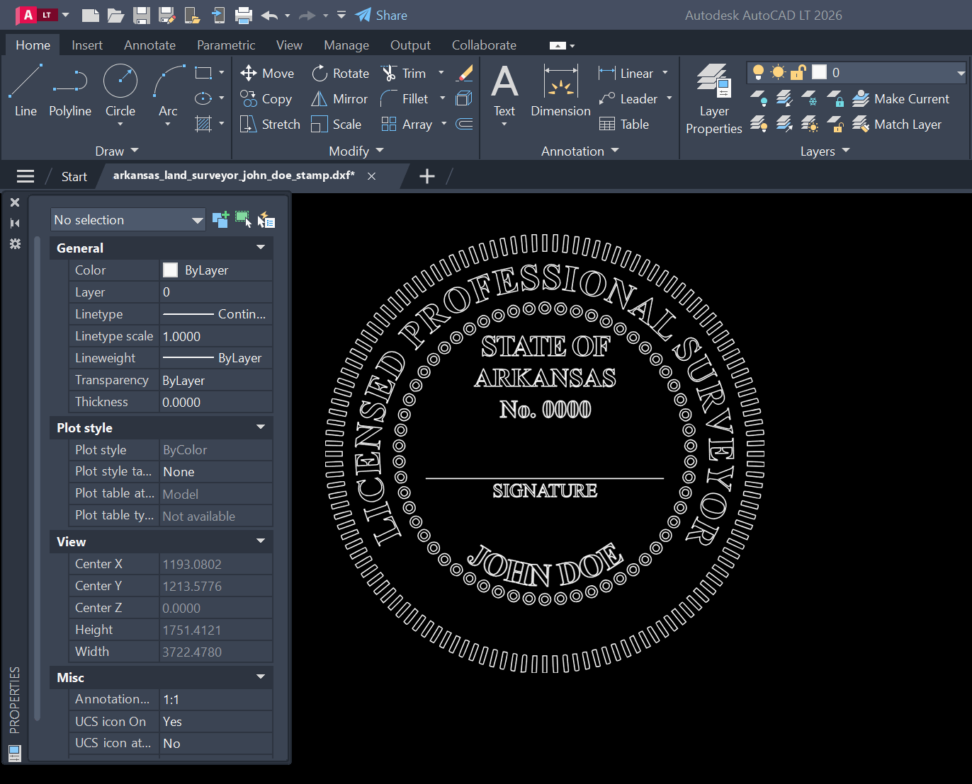 Arkansas Land Surveyor stamp DXF opened in AutoCAD