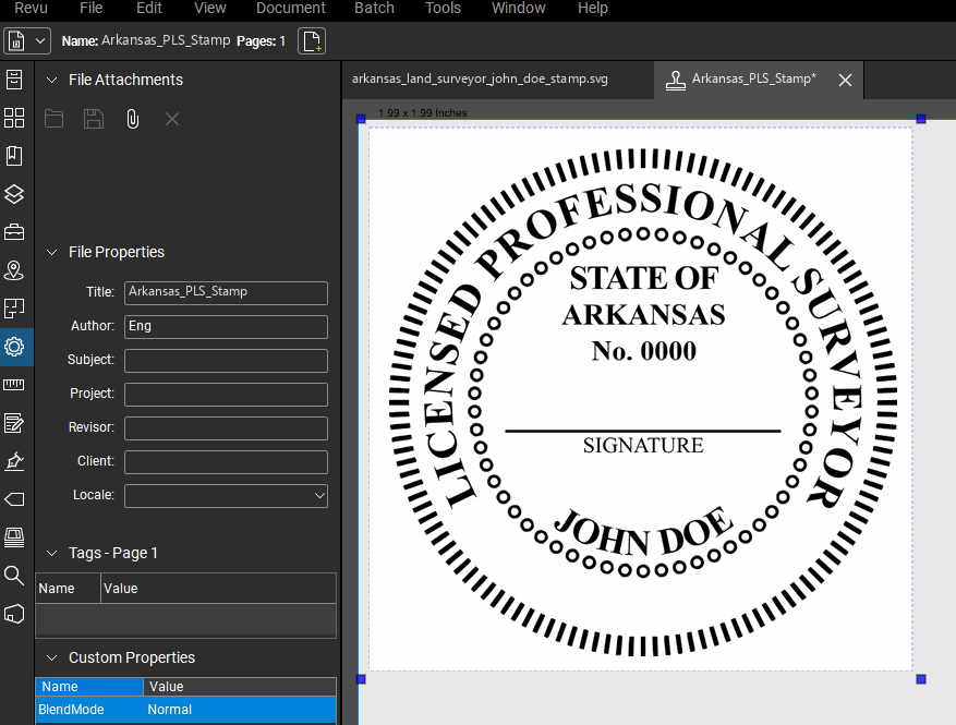 Arkansas Land Surveyor stamp applied to a PDF drawing in Bluebeam Revu