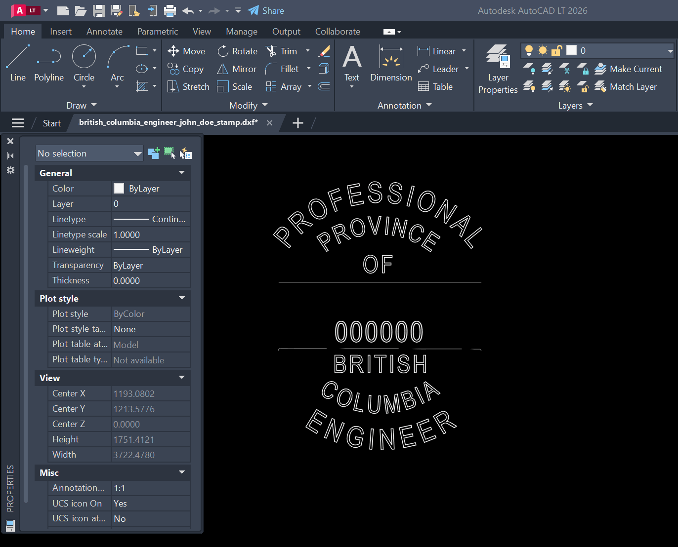 British Columbia PE stamp DXF opened in AutoCAD