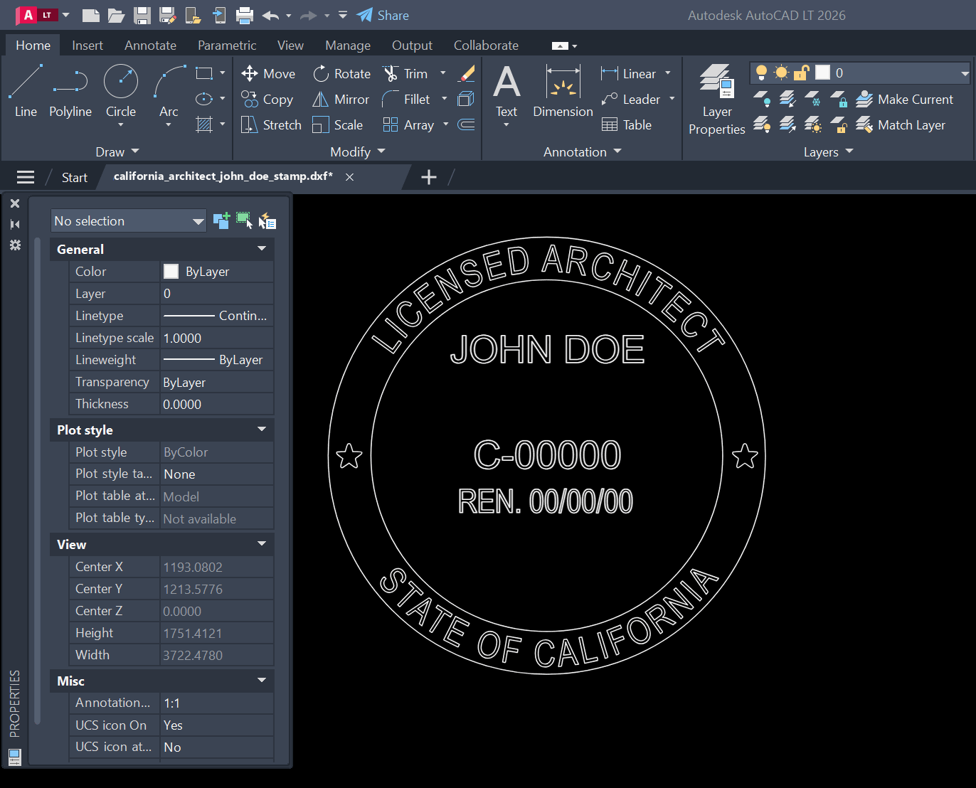 California Architect stamp DXF opened in AutoCAD