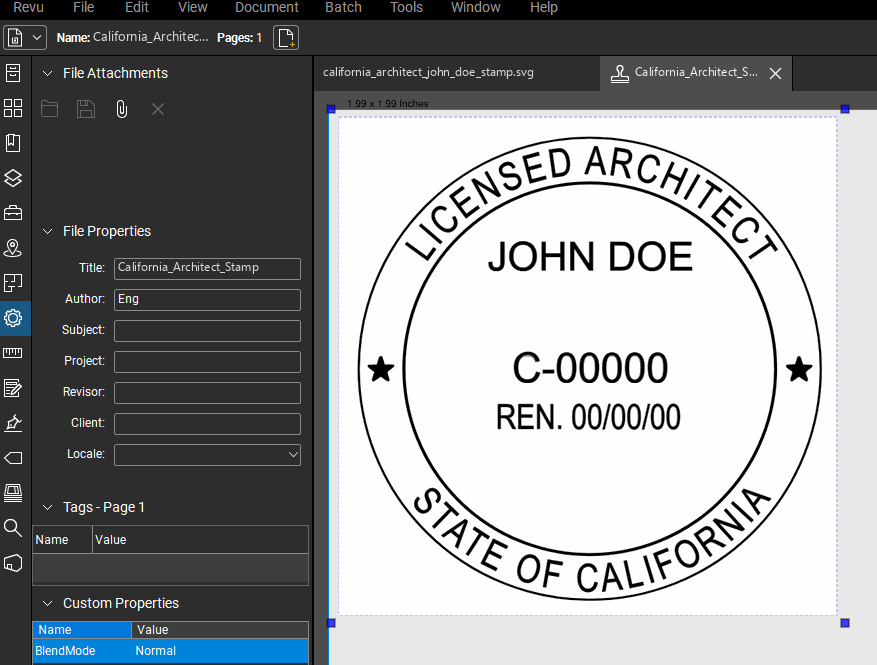California Architect stamp applied to a PDF drawing in Bluebeam Revu