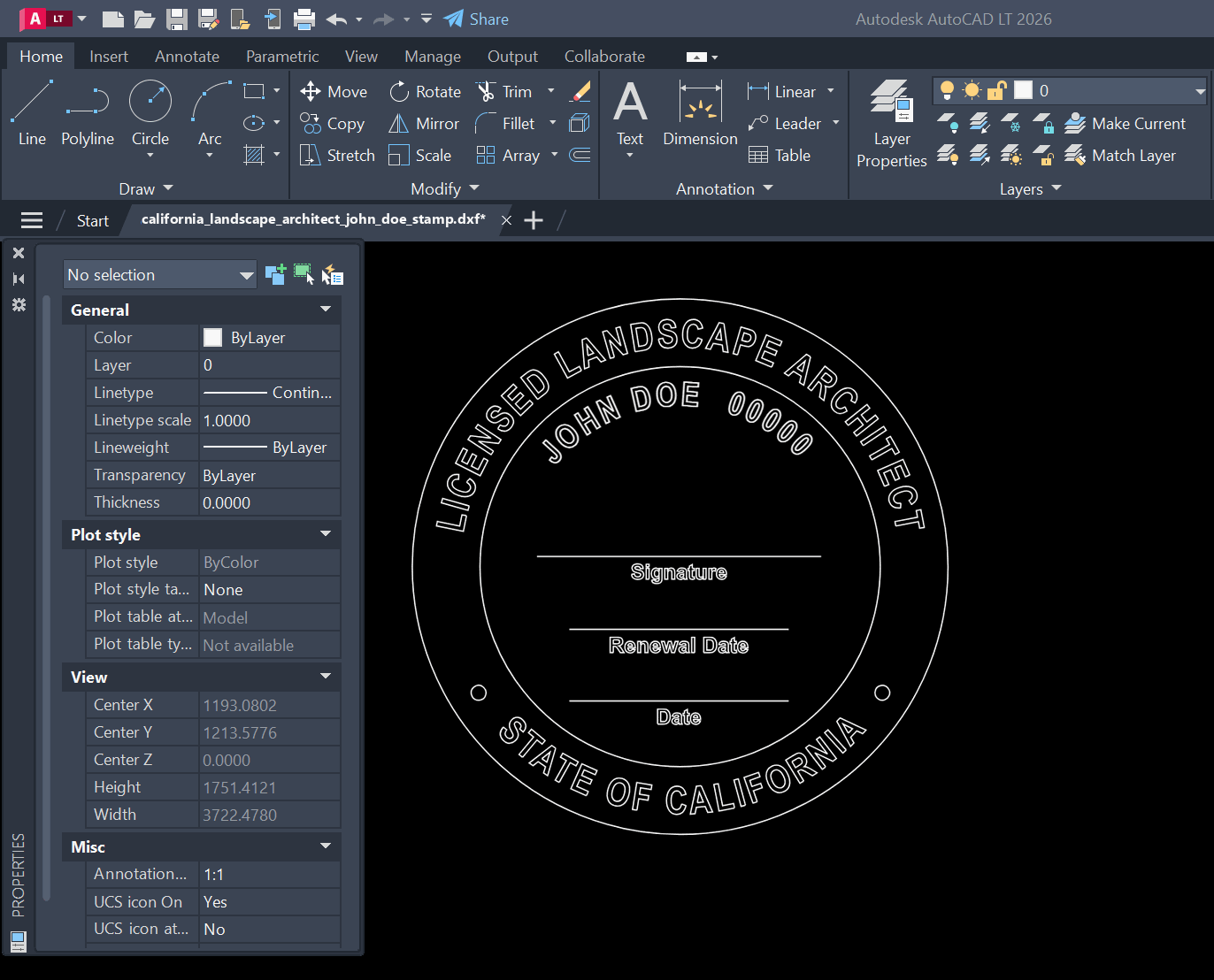 California Landscape Architect stamp DXF opened in AutoCAD