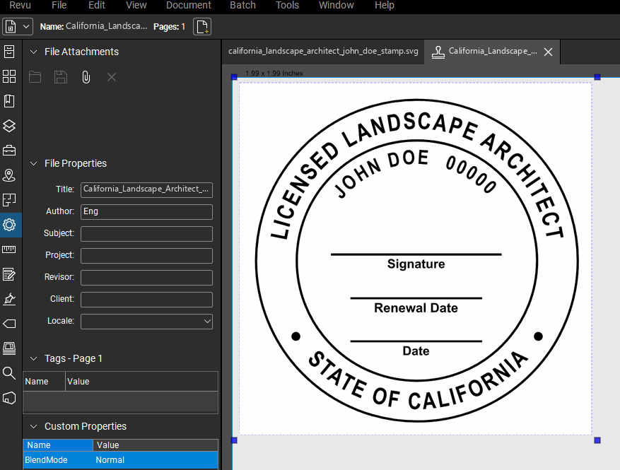 California Landscape Architect stamp applied to a PDF drawing in Bluebeam Revu