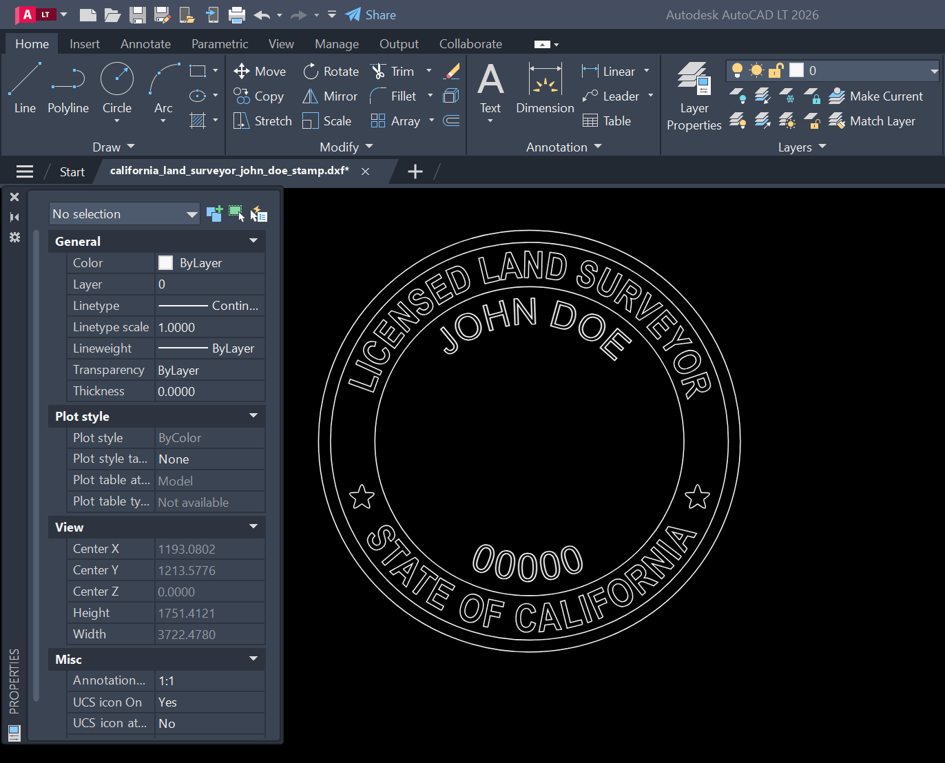 California Land Surveyor stamp DXF opened in AutoCAD