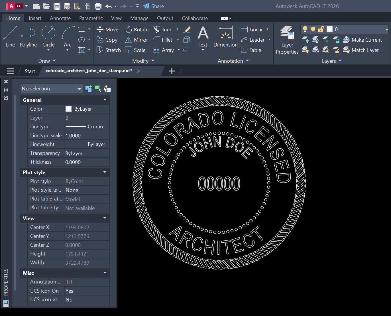 Colorado Architect stamp DXF opened in AutoCAD