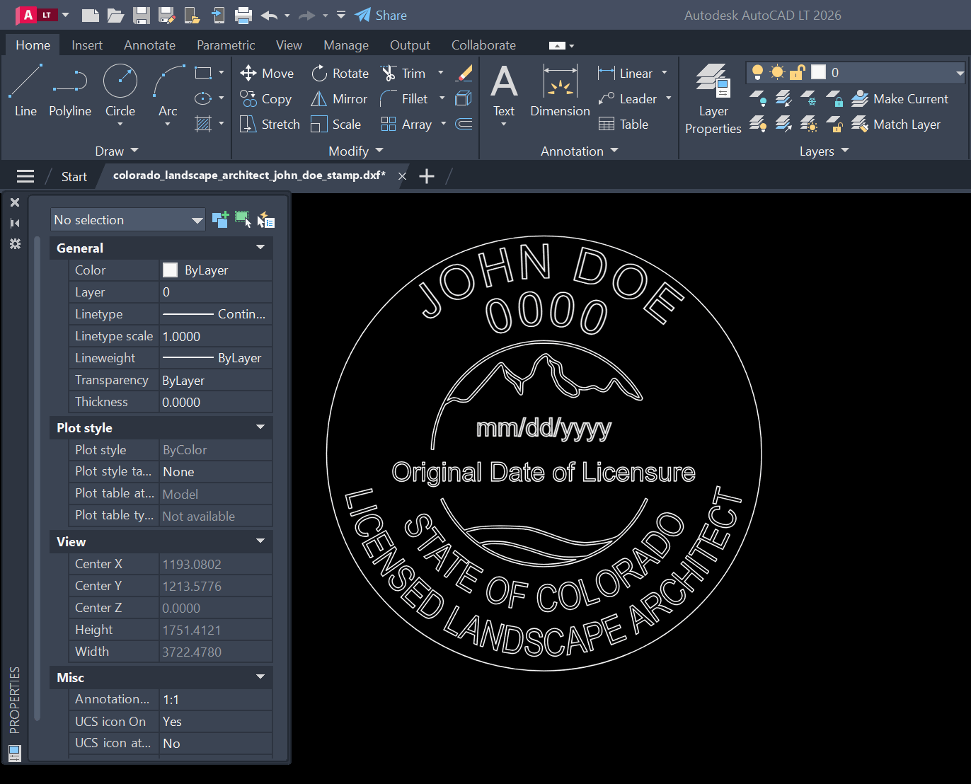 Colorado Landscape Architect stamp DXF opened in AutoCAD