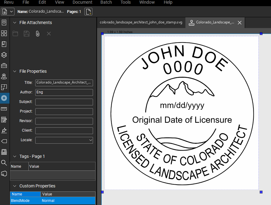 Colorado Landscape Architect stamp applied to a PDF drawing in Bluebeam Revu