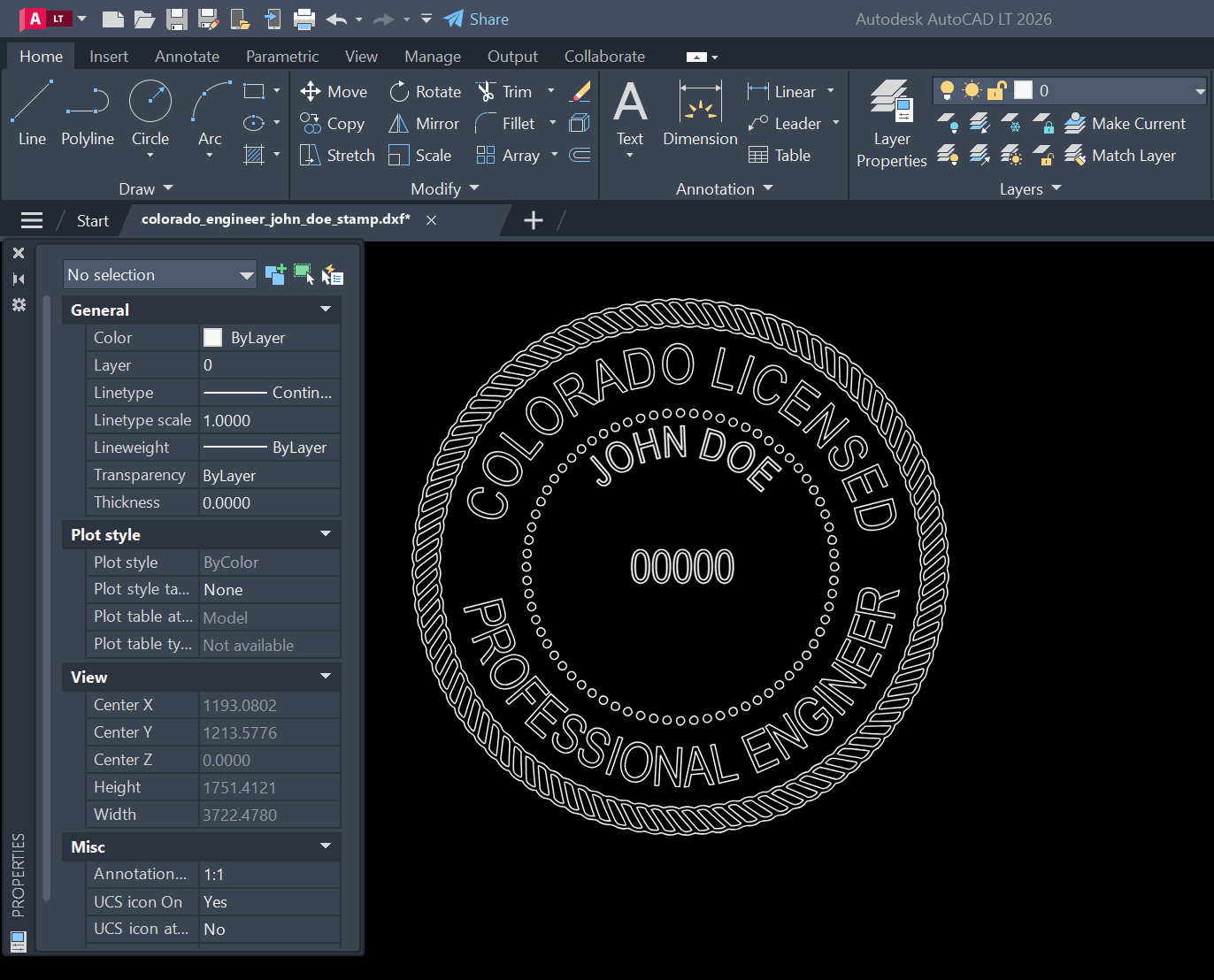 Colorado PE stamp DXF opened in AutoCAD
